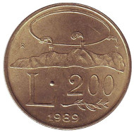 Монета 200 лир. 1989 год, Сан-Марино. Пейзаж. Монета 200 лир. 1989 год, Сан-Марино. Пейзаж.