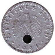 Монета 50 рейхспфеннигов. 1941 год, Германия (Третий Рейх). (J). Монета 50 рейхспфеннигов. 1941 год, Германия (Третий Рейх). (J).