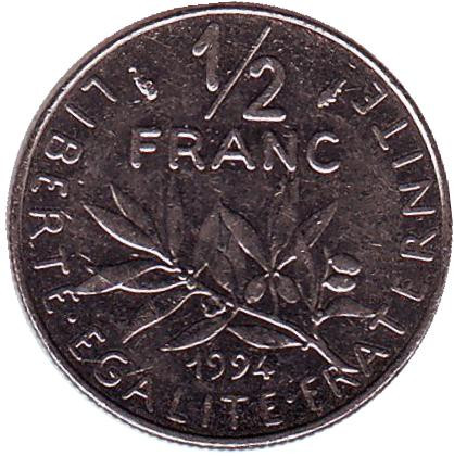 Монета 1/2 франка. 1994 год, Франция. (рыбка)