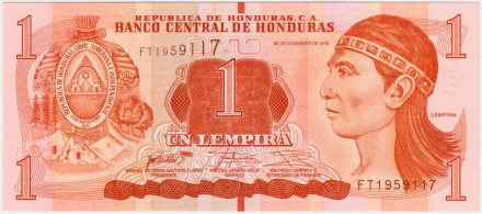 Банкнота 1 лемпира. 2016 год, Гондурас. Вождь Лемпира.