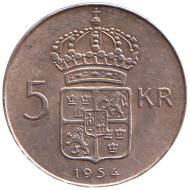 Монета 5 крон. 1954 год, Швеция. Монета 5 крон. 1954 год, Швеция.