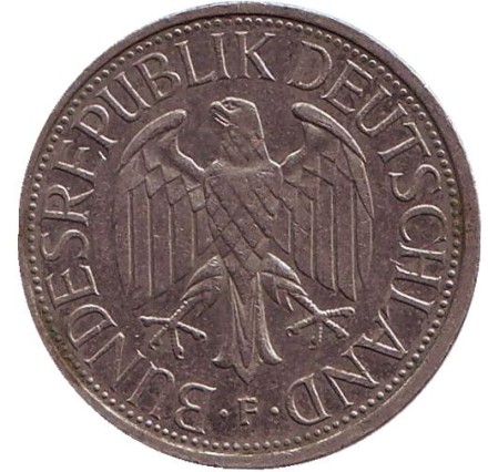 Монета 1 марка. 1988 год (F), ФРГ. Монета 1 марка. 1988 год (F), ФРГ.