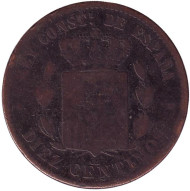 Монета 10 сентимо. 1879 год, Испания. Монета 10 сентимо. 1879 год, Испания.