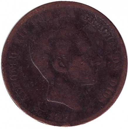 Монета 10 сентимо. 1879 год, Испания. Монета 10 сентимо. 1879 год, Испания.