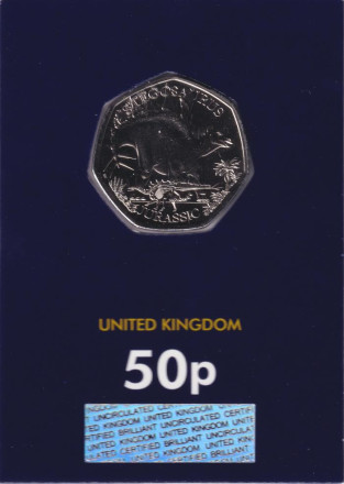 Монета 50 пенсов. 2024 год, Великобритания. Стегозавр. В блистере.