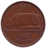 Монета 1/2 пенни. 1942 год, Ирландия. Свинья. Монета 1/2 пенни. 1942 год, Ирландия. Свинья.