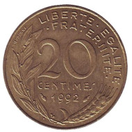 Монета 20 сантимов. 1992 год, Франция. Тип 1. Монета 20 сантимов. 1992 год, Франция. Тип 1.