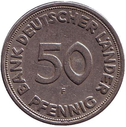 Монета 50 пфеннигов. 1949 (F) год, ФРГ. Женщина, сажающая дуб. Монета 50 пфеннигов. 1949 (F) год, ФРГ. Женщина, сажающая дуб.