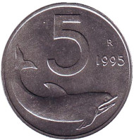 Монета 5 лир. 1995 год, Италия. Дельфин. Судовой руль. Монета 5 лир. 1995 год, Италия. Дельфин. Судовой руль.