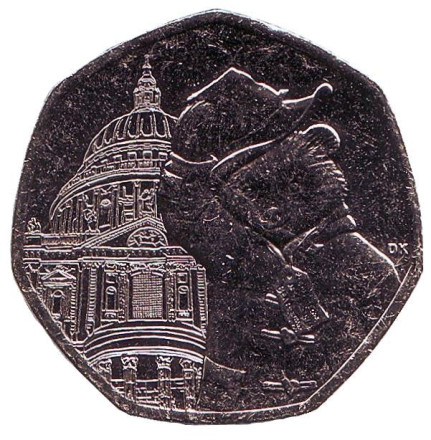 Монета 50 пенсов. 2019 год, Великобритания. Медвежонок Паддингтон. (У церкви Святого Павла).