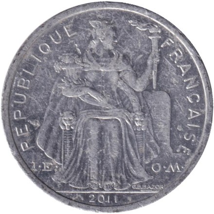 Монета 2 франка. 2011 год, Французская Полинезия.