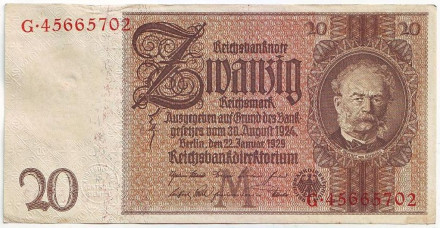 Рейхсбанкнота 20 марок. 1929 год, Веймарская республика.