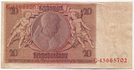 Рейхсбанкнота 20 марок. 1929 год, Веймарская республика. Рейхсбанкнота 20 марок. 1929 год, Веймарская республика.
