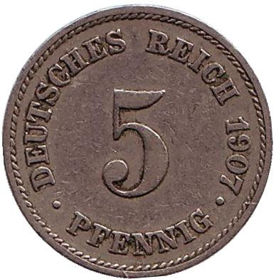 Монета 5 пфеннигов. 1907 год (J), Германская империя.