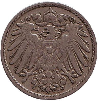 Монета 5 пфеннигов. 1907 год (J), Германская империя.