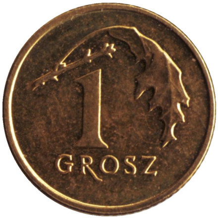 Монета 1 грош. 2019 год, Польша. Дубовый лист.
