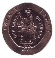 Монета 20 пенсов. 1988 год, Гибралтар. Богоматерь с младенцем.