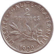 Монета 2 франка. 1902 год, Франция. Монета 2 франка. 1902 год, Франция.