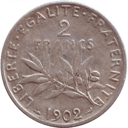 Монета 2 франка. 1902 год, Франция.