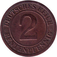 Монета 2 рентенпфеннига. 1924 год (Е), Веймарская республика. Монета 2 рентенпфеннига. 1924 год (Е), Веймарская республика.