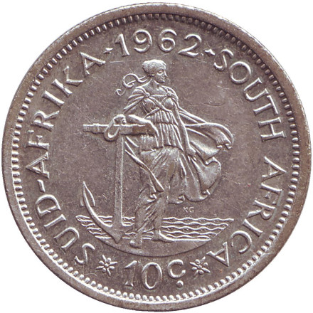 Монета 10 центов. 1962 год, Южная Африка. Ян ван Рибек. Монета 10 центов. 1962 год, Южная Африка. Ян ван Рибек.