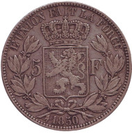 Монета 5 франков. 1850 год, Бельгия. Леопольд I. Монета 5 франков. 1850 год, Бельгия. Леопольд I.
