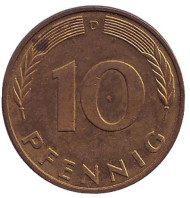 Монета 10 пфеннигов. 1993 год (D), ФРГ. Дубовые листья. Монета 10 пфеннигов. 1993 год (D), ФРГ. Дубовые листья.