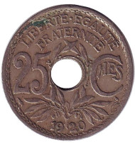 Монета 25 сантимов. 1920 год, Франция. Монета 25 сантимов. 1920 год, Франция.