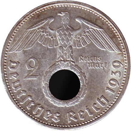 Монета 2 рейхсмарки. 1939 год, Германия (Третий Рейх). (G). Монета 2 рейхсмарки. 1939 год, Германия (Третий Рейх). (G).