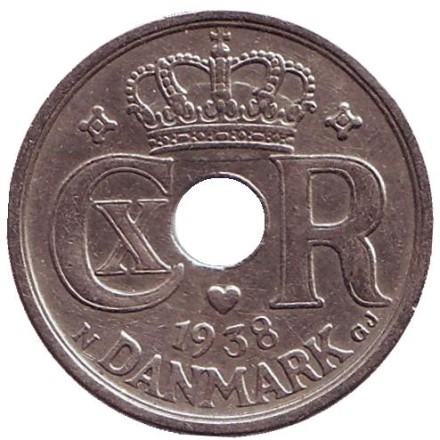 Монета 25 эре. 1938 год, Дания. Монета 25 эре. 1938 год, Дания.