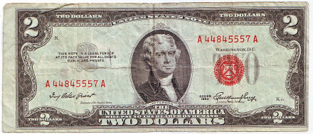 Банкнота 2 доллара. 1953 год, США.