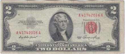 Банкнота 2 доллара. 1953 год, США. Красная печать. Без литеры. Р-380.