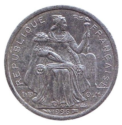 Монета 1 франк. 1996 год, Французская Полинезия. Монета 1 франк. 1996 год, Французская Полинезия.