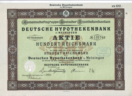 Немецкий ипотечный банк. Акция 100 рейхсмарок. Майнинген, 1925 год, Веймарская республика.