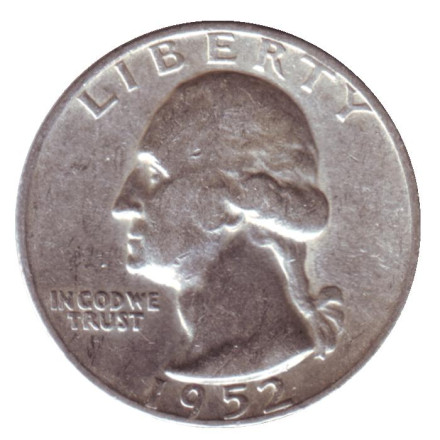 Монета 25 центов. 1952 год, США. (Отметка монетного двора S). Вашингтон.