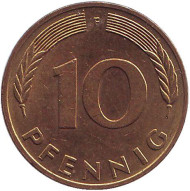 Монета 10 пфеннигов. 1985 год (F), ФРГ. Дубовые листья. Монета 10 пфеннигов. 1985 год (F), ФРГ. Дубовые листья.
