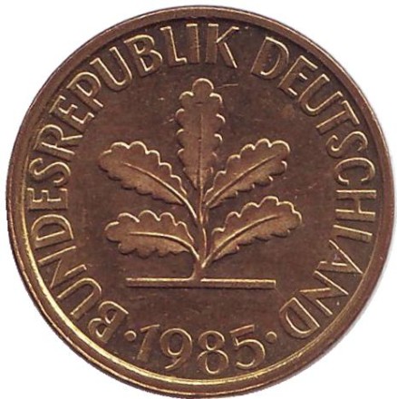 Монета 10 пфеннигов. 1985 год (F), ФРГ. Дубовые листья.