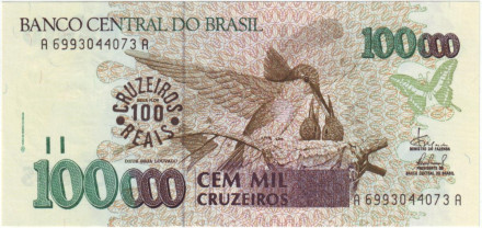 Банкнота 100000 крузейро. (с надпечаткой 100 новых крузейро). 1993 год, Бразилия.