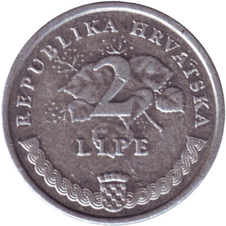 Монета 2 липы. 2001 год, Хорватия. Виноградная ветвь.