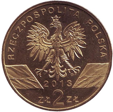 Монета 2 злотых, 2013 год, Польша. Животные мира - зубр (бизон).
