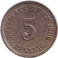 Монета 5 пфеннигов. 1900 год (J), Германская империя. Монета 5 пфеннигов. 1900 год (J), Германская империя.