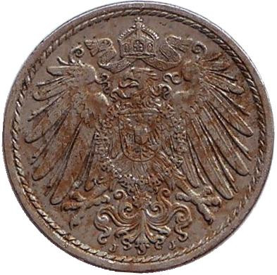 Монета 5 пфеннигов. 1900 год (J), Германская империя.
