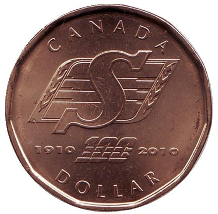 Монета 1 доллар, 2010 год, Канада. 100 лет футбольной команде Саскачеван Рафрайдерс.