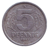 Монета 5 пфеннигов. 1981 год, ГДР.