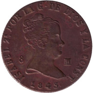 Монета 8 мараведи. 1843 год, Испания. Королева Изабелла II. (J). Монета 8 мараведи. 1843 год, Испания. Королева Изабелла II. (J).