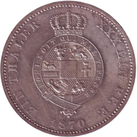 Монета 1 талер. 1870 год, Германия. Мекленбург-Стрелиц. Монета 1 талер. 1870 год, Германия. Мекленбург-Стрелиц.