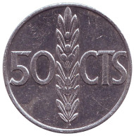 Монета 50 сентимо. 1966 год, Испания. (73 внутри звезды) Монета 50 сентимо. 1966 год, Испания. (73 внутри звезды)