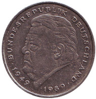 Монета 2 марки. 1990 год (J), ФРГ. Франц Йозеф Штраус.