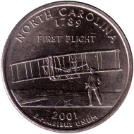 Монета 25 центов (D). 2001 год, США. Северная Каролина. Штат № 12. Монета 25 центов (D). 2001 год, США. Северная Каролина. Штат № 12.