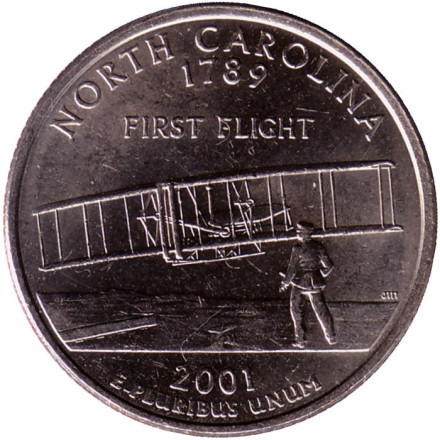 Монета 25 центов (D). 2001 год, США. Северная Каролина. Штат № 12.